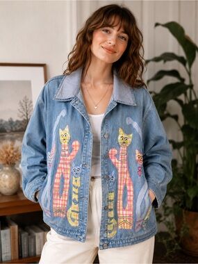 Vintage Tantrums Cat Appliqué Denim Jacket Large Artsy Quilted Patchwork